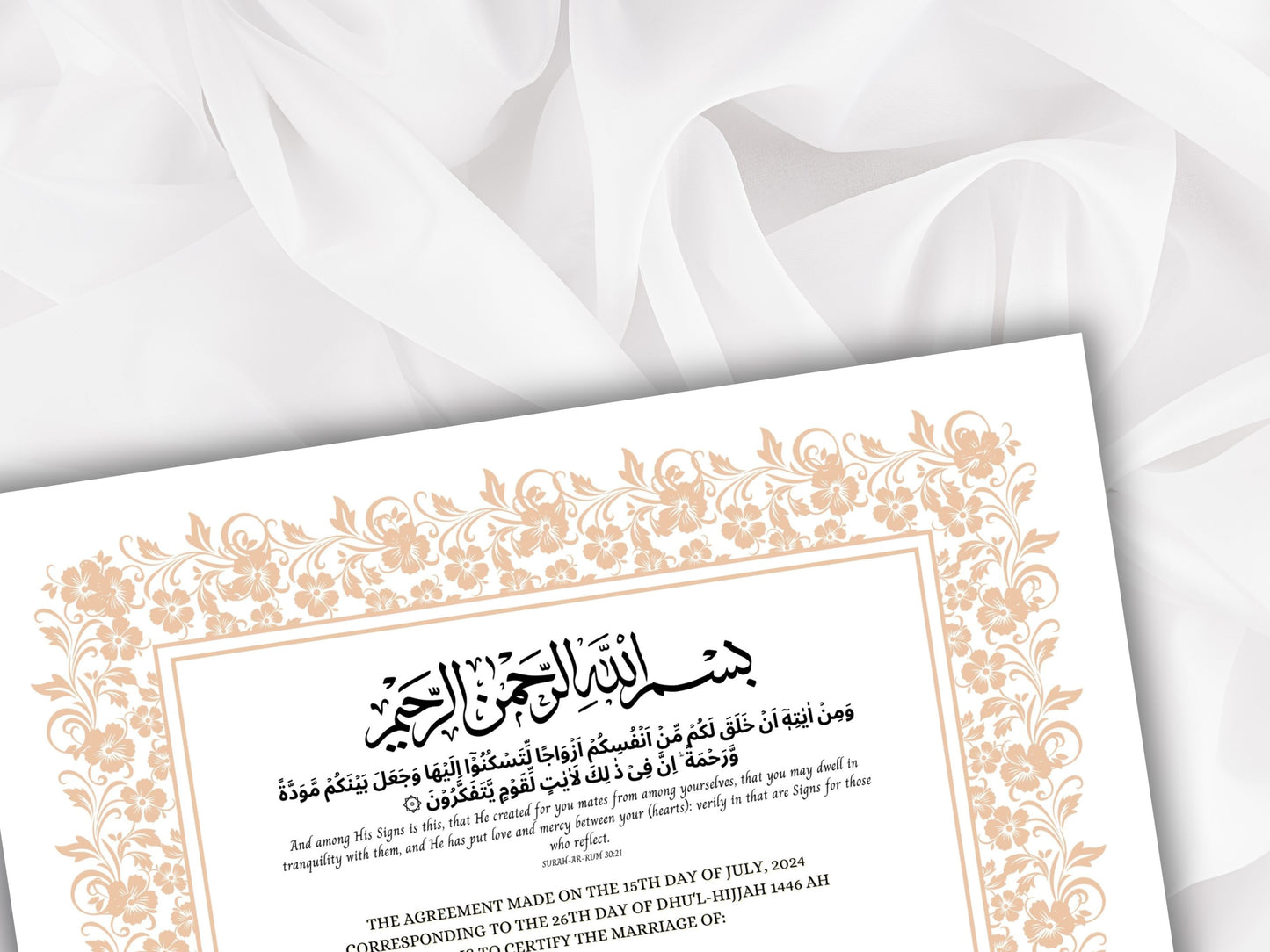 Nikkah Certificate Template, Traditional Islamic Wedding Agreement, Marriage Contract Wedding, Marriage Certificate Template, A4, A3. NN263