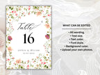 Wedding Table Numbers Template, Wedding Table Numbers, Pink Flower, Floral Wreath, Printable Table Numbers, Wedding Seating Chart. TS4