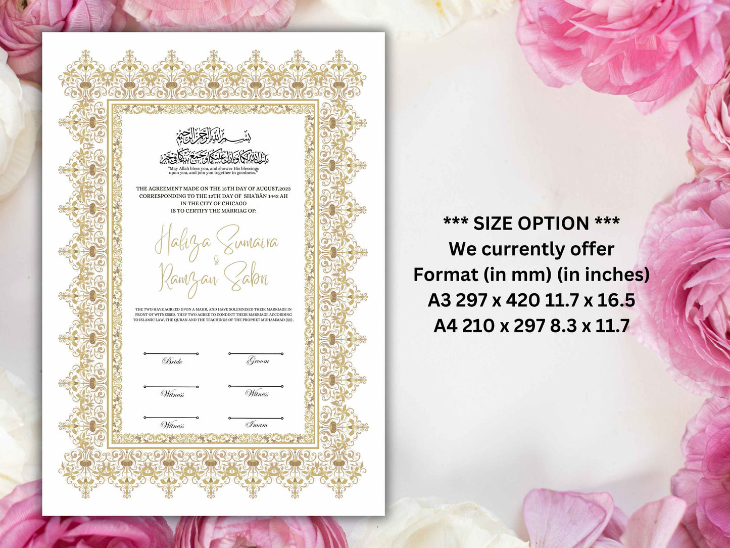 Nikkah Certificate Digital Download Personalised, A4, A3, Template, Editable, Brown Nikkah Nama, Nikkah Contract, Muslim Contract. NN212