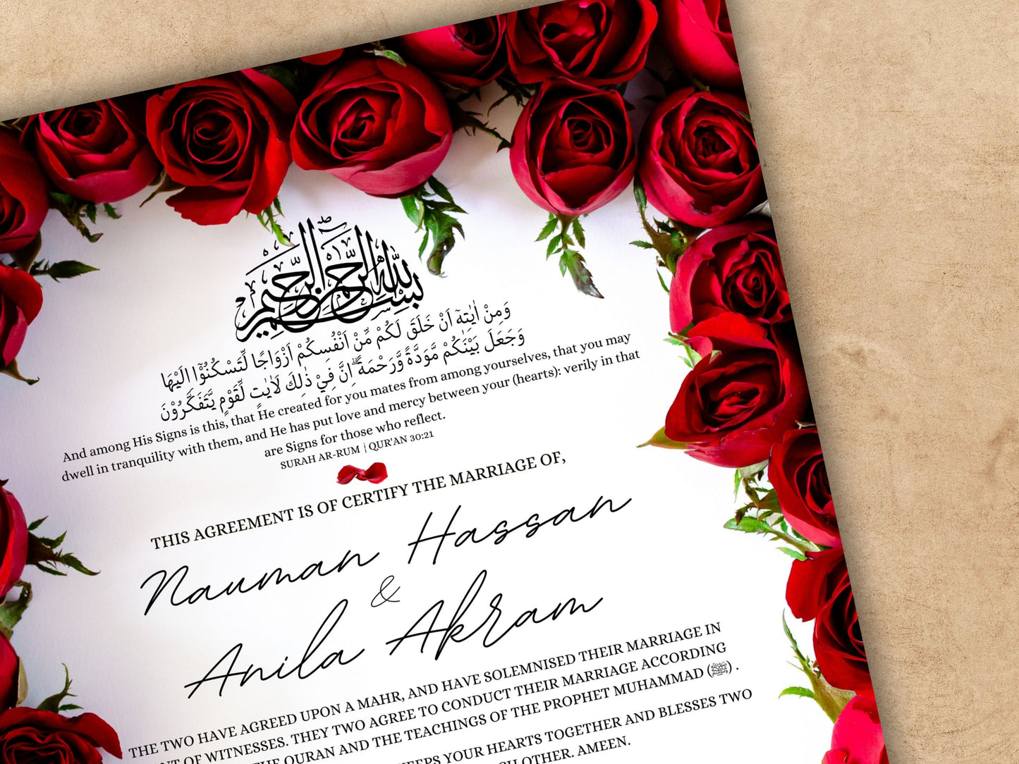 Luxury Nikkah Certificate, Premium A4 Islamic Wedding Contract, Nikkah Nama, Muslim Marriage Certificate, Personalised Names, A4, A3. NN248