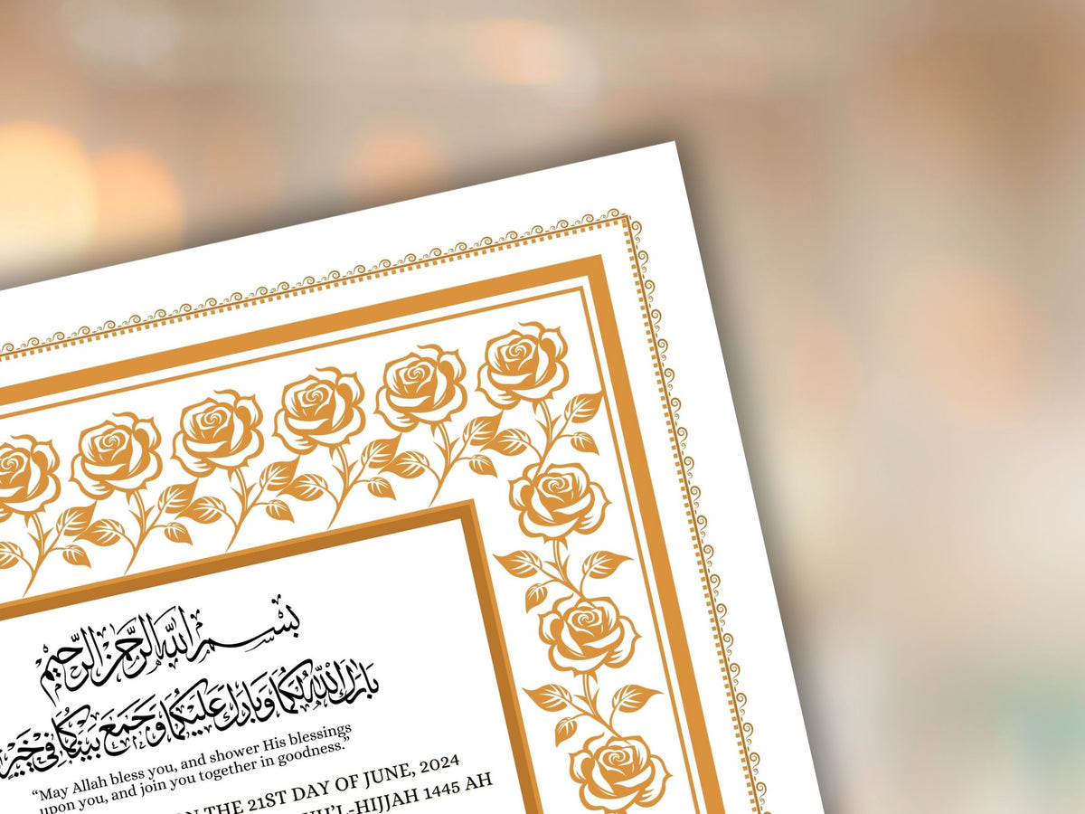 Rose Nikkah Certificate Template, Editable Nikkahnama, Printable Nikah Contract, Muslim Contract, Nikkah Islamic Marriage Contract.NN254