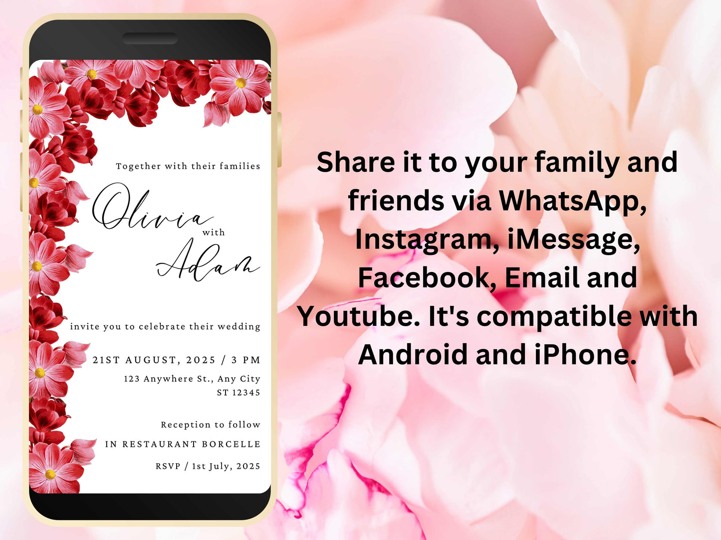 Red Flowers Wedding Evite Template, Electronic Wedding Invitation, video Wedding Invitation, Text Message, Mobile Phone Invite. WEI44