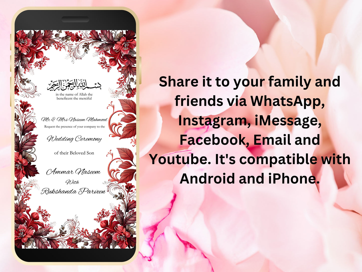 Muslim Wedding Invitation, RedCard Invite, Muslim E-Card, Animated Digital, Template, Digital Wedding Card, Floral Wedding Invitation. WEI28