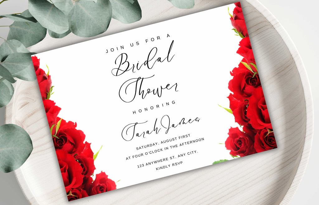 Red Rose Bridal shower invitation, Red Bridal shower invitation template, Red roses bridal invitation, Editable Template, WS46
