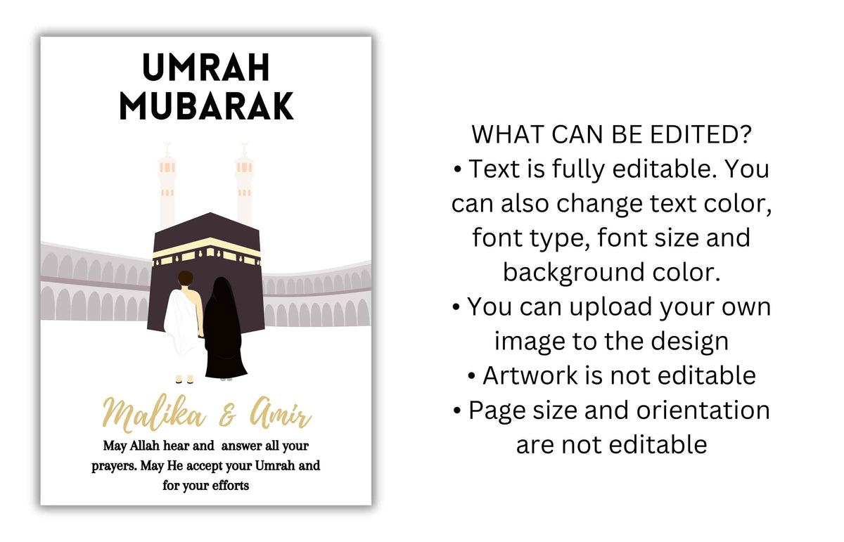 Personalized Couple Umrah Mubarak Template, Umrah Gift, Digital Print , Umrah Wishes, Editable Template, A2, A3, A4, A5, Pdf Template. UM3