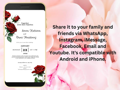 Red Rose Wedding Evite Template, Electronic Wedding Invitation, Red Rose video Wedding Invitation, Text Message, Mobile Phone Invite. WEI36