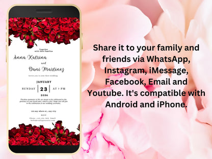 Red Rose Wedding Evite Template, Electronic Wedding Invitation, Red Rose video Wedding Invitation, Text Message, Mobile Phone Invite. WEI25