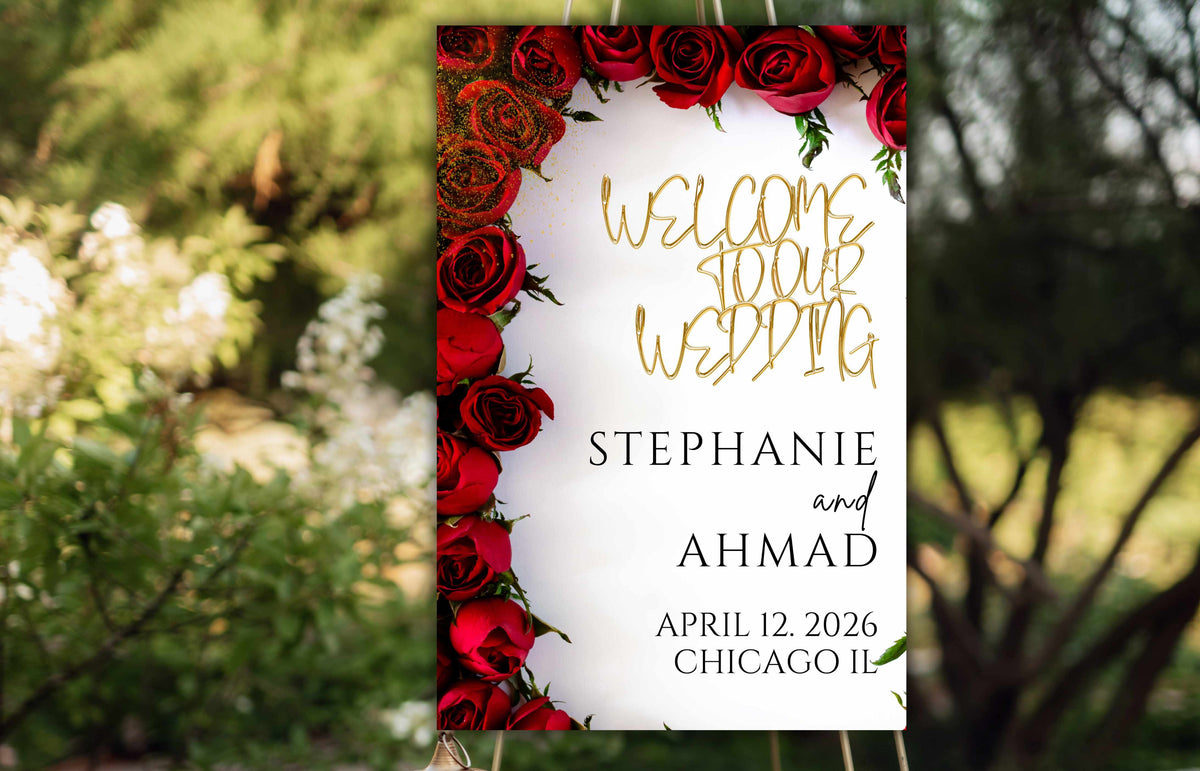 Wedding Welcome Sign Template, Red Rose Welcome To Our Wedding Sign, Red Wedding Signage, Red Wedding Decorations, Digital Download, WS56