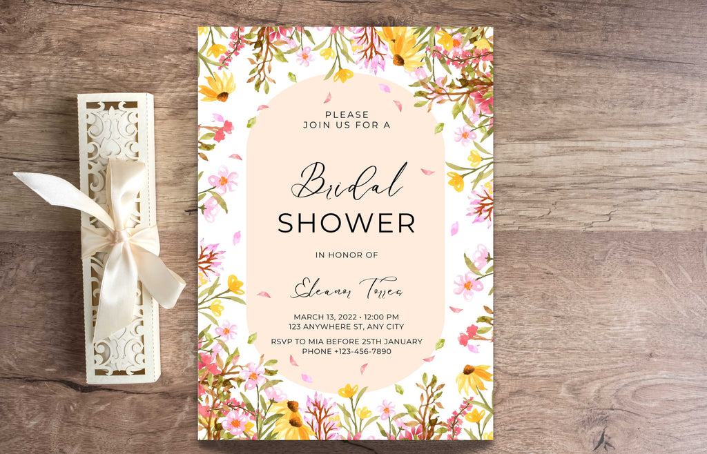 Boho Floral Bridal shower invitation, Spring Bridal shower invitation template, Wildflower bridal invitation, Editable Template, WS42