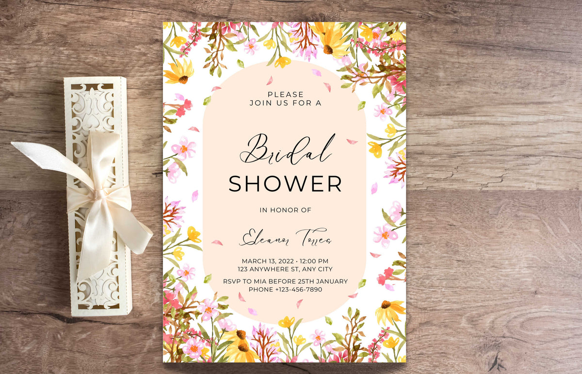Boho Floral Bridal shower invitation, Spring Bridal shower invitation template, Wildflower bridal invitation, Editable Template, WS42