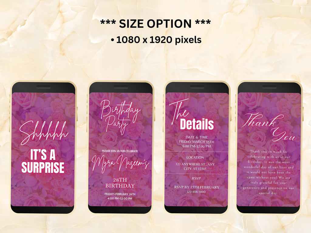 Pink Birthday Party Invitation Template, Digital Pink Rose Birthday Dinner Invitation, Pink Rose Birthday Evite, Editable Template. BEI20