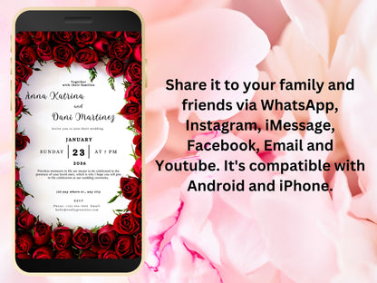 Red Rose Wedding Evite Template, Electronic Wedding Invitation, Red Rose video Wedding Invitation, Text Message, Mobile Phone Invite. WEI6