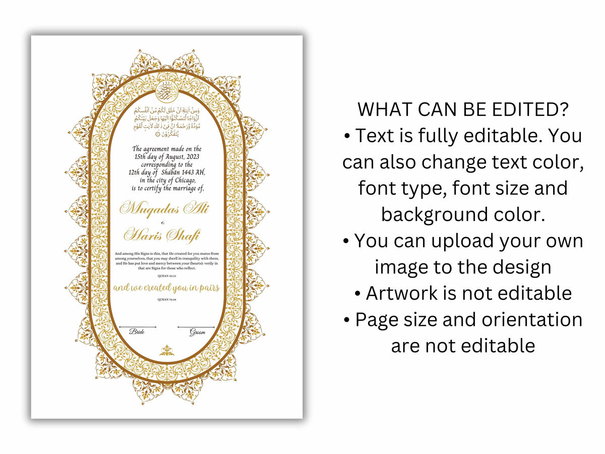 Premium Nikkah Contract | Custom Nikkah Nama | Islamic Wedding Contract | Personalized | Digital Printable Nikkah Certificate. NN203