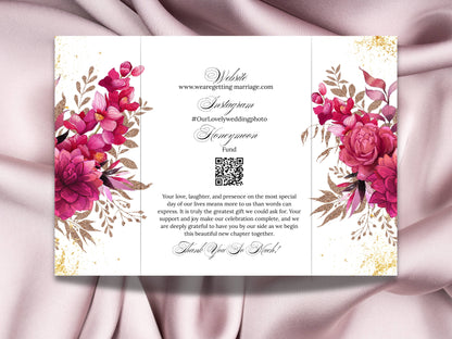 Wedding Invitation Trifold Template Canva, INSTANT DOWNLOAD, Pink Florals Trifold Invite Photo, Floral Pink Trifold Card,Pink Floral. WIB119