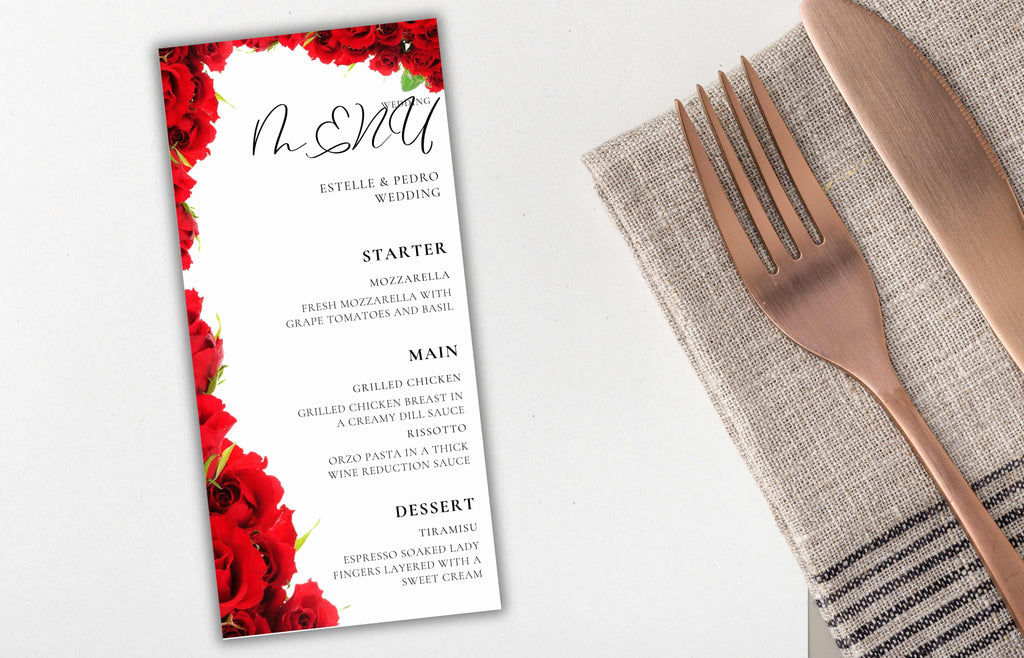 Wedding Menu Template Download, Red Rose Wedding Menu Cards, Menu Template, Wedding Menus, Modern Reception Dinner Menu Editable, WS48
