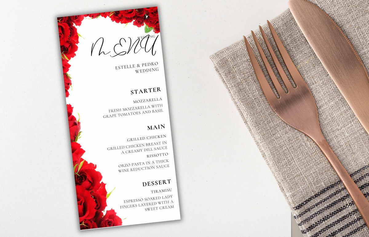 Wedding Menu Template Download, Red Rose Wedding Menu Cards, Menu Template, Wedding Menus, Modern Reception Dinner Menu Editable, WS48