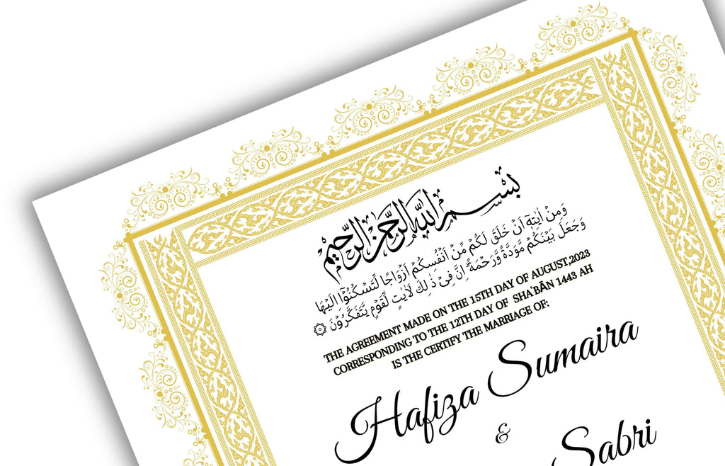 Muslim Wedding Contract A3/A4, Gold Islamic Nikkah Certificate Template, Editable. Nn125
