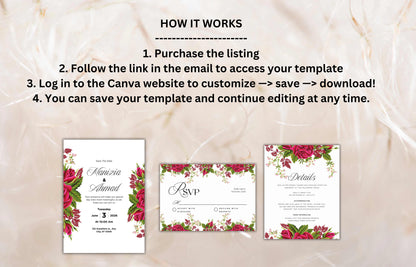 Floral Wedding Invitation Set Template, Printable Hot Pink Rose Wedding Invite Suite, Boho Wedding Template, RSVP Card, Details Card. WIB73