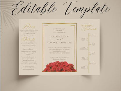 Elegant Red Rose Gatefold Wedding Invitation | Romantic Floral Wedding Card | Printable Invitation Suite | Red Wedding Timeline | WI140
