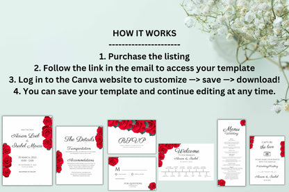 Red Rose Wedding Invitation set, Red Rose RSVP, Welcome Sign, Elegant Red Rose Wedding Timeline, Details Editable, Menu Card, WC40