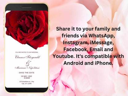 Red Rose Wedding Evite Template, Electronic Wedding Invitation, Red Rose video Wedding Invitation, Text Message, Mobile Phone Invite. WEI30