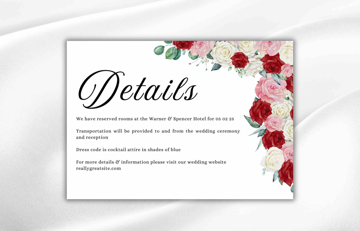 Red, Pink and White Roses Wedding Invitation Set, Red Roses Wedding Invite, Floral Wedding, RSVP Card, Details Card, Instant Download. WT89