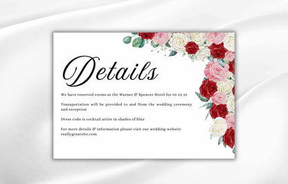 Red, Pink and White Roses Wedding Invitation Set, Red Roses Wedding Invite, Floral Wedding, RSVP Card, Details Card, Instant Download. WT89