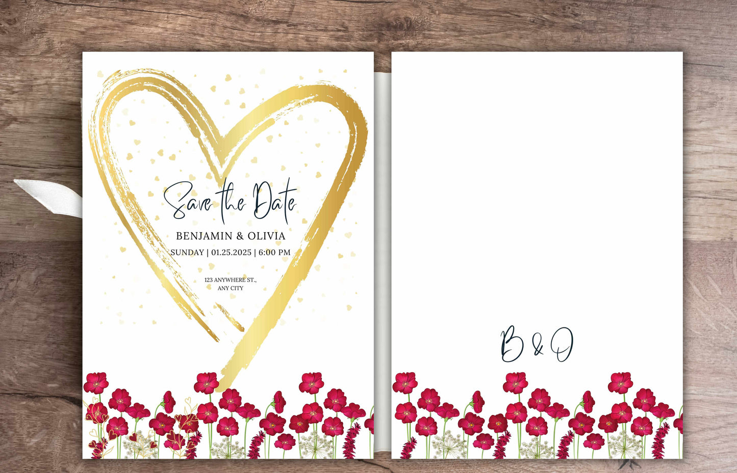 Wedding Invitation Template, Pink Wild Flower Wedding Invitation, Gold Heart Wedding Card, Romantic marriage Invitation, Editable BV61