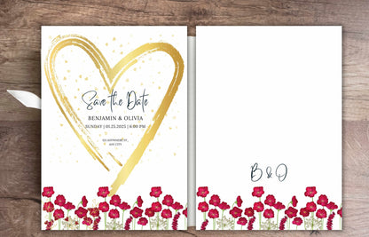 Wedding Invitation Template, Pink Wild Flower Wedding Invitation, Gold Heart Wedding Card, Romantic marriage Invitation, Editable BV61