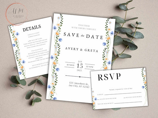 Wildflower Wedding Invitation Template, Printable Wedding Invitation, Wedding Invitation, Edit with TEMPLETT, Digital Download. 29