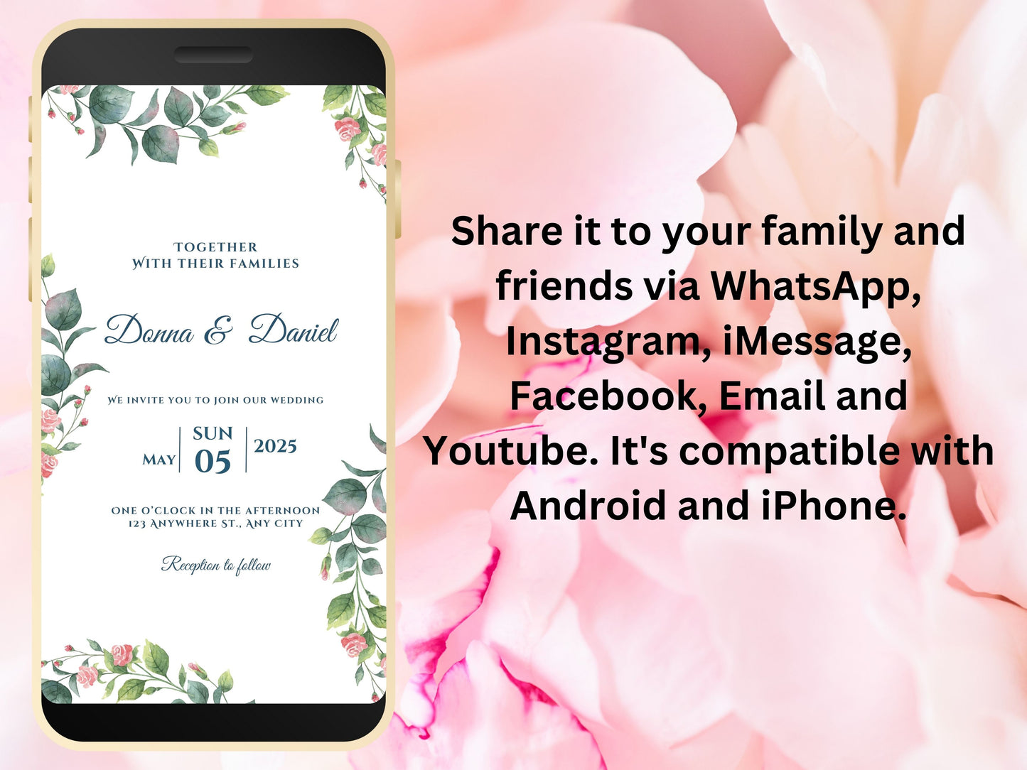 Digital Wedding Invitation, Eucalyptus Mobile Invite, Greenery invitation Template, Greenery Smartphone Evite, Mobile Invite. WEI33