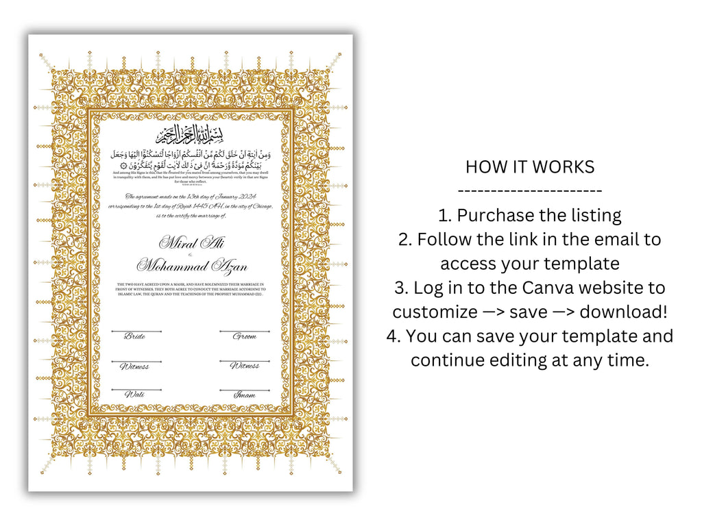 Gold Nikkah Certificate, A4/A3 Islamic Wedding Contract Template, Nikkah Nama, Muslim Marriage, Personalised Names, Quran Verse.NN201