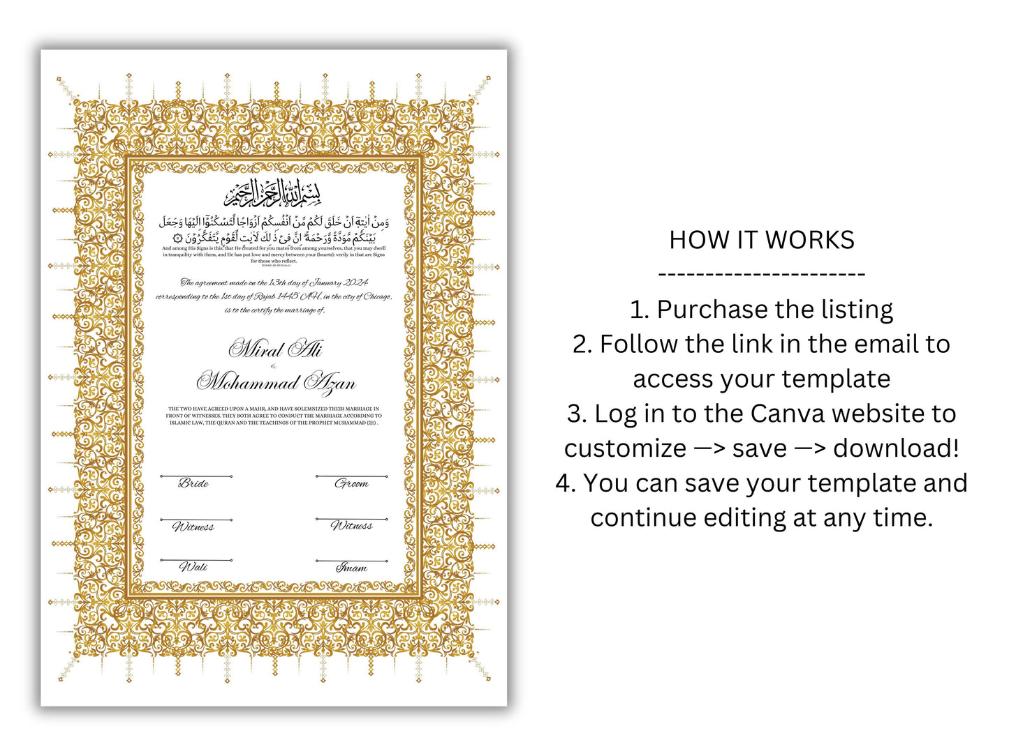 Gold Nikkah Certificate, A4/A3 Islamic Wedding Contract Template, Nikkah Nama, Muslim Marriage, Personalised Names, Quran Verse.NN201