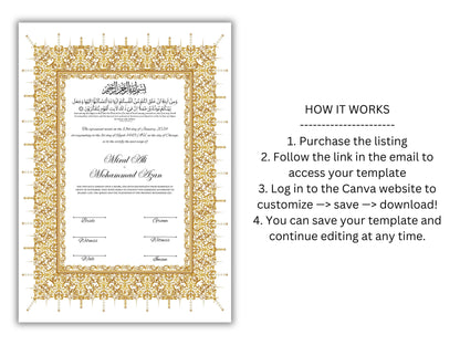 Gold Nikkah Certificate, A4/A3 Islamic Wedding Contract Template, Nikkah Nama, Muslim Marriage, Personalised Names, Quran Verse.NN201