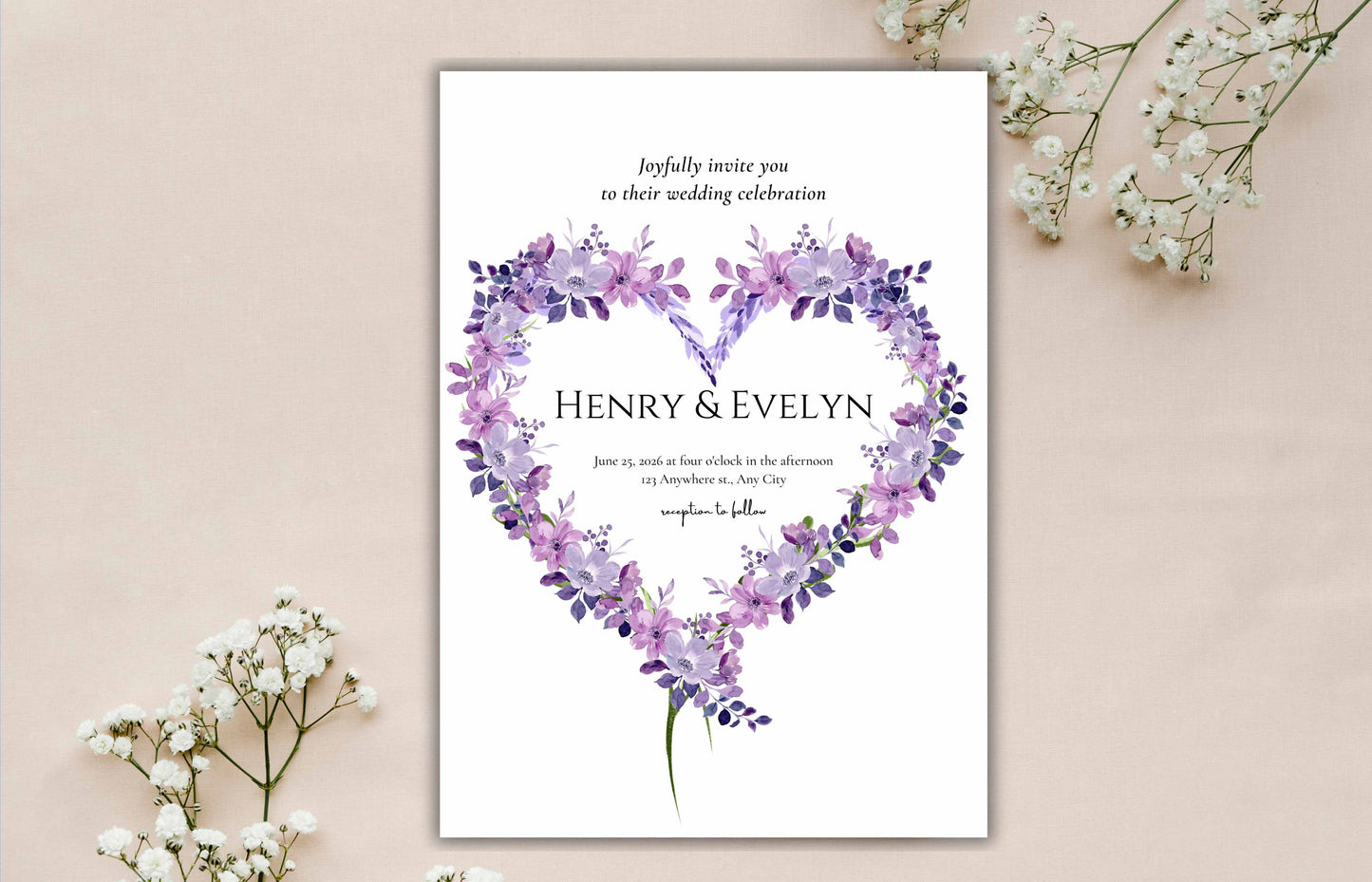 Lavender Floral Wedding Invitation Set Template, Watercolor Lilac Wedding Invite Suite, Heart Wedding Card Printable, Detail Card, RSVP. W75