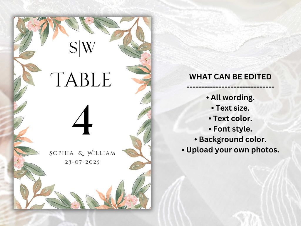 Wedding Table Numbers Template, Wedding Table Numbers, Pink Flower, Floral Wreath, Printable Table Numbers, Wedding Seating Chart. TS2