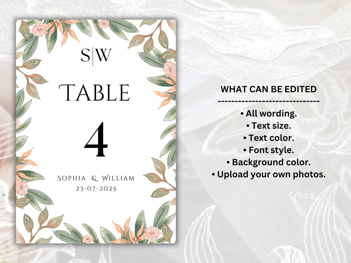 Wedding Table Numbers Template, Wedding Table Numbers, Pink Flower, Floral Wreath, Printable Table Numbers, Wedding Seating Chart. TS2