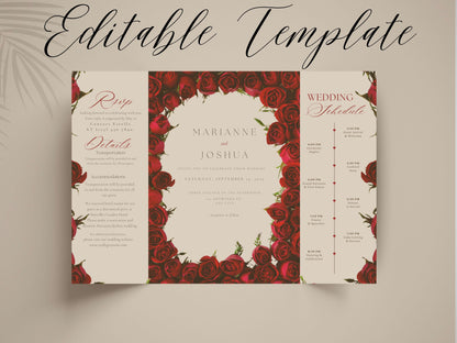 Elegant Red Rose Gatefold Wedding Invitation | Romantic Floral Wedding Card | Printable Wedding Invite with Schedule & RSVP. WI139