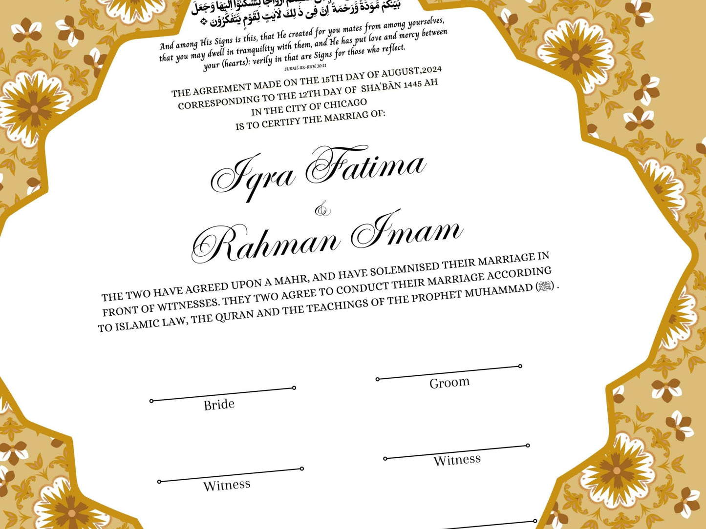 Customized Nikkah Certificate, A4/A3 Contract Digital Nikah Nama, Islamic Marriage Certificate, Muslim Marriage Contract Gold.NN228