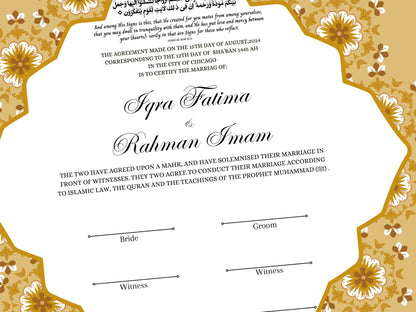 Customized Nikkah Certificate, A4/A3 Contract Digital Nikah Nama, Islamic Marriage Certificate, Muslim Marriage Contract Gold.NN228