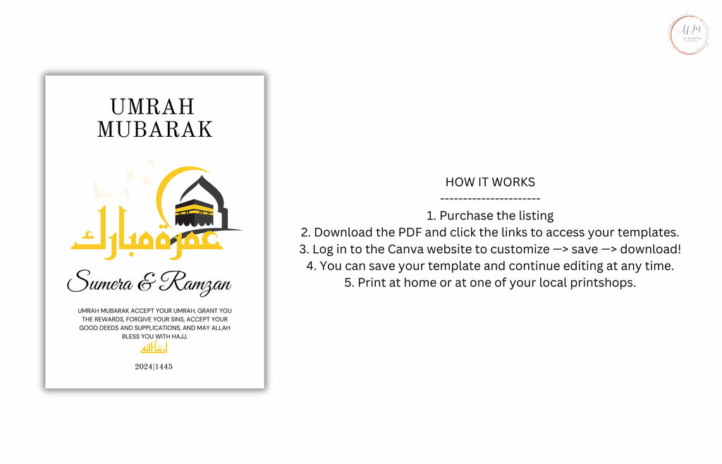 Personalized Umrah Mubarak Template, Umrah Gift, Digital Print , Umrah Wishes, Editable Template, A2, A3, A4, A5, Pdf Template. 1
