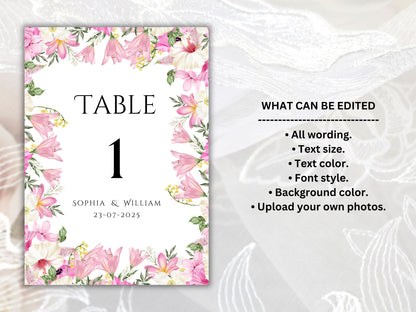 Wedding Table Numbers Template, Wedding Table Numbers, Pink Flower, Floral Wreath, Printable Table Numbers, Wedding Seating Chart. TS1