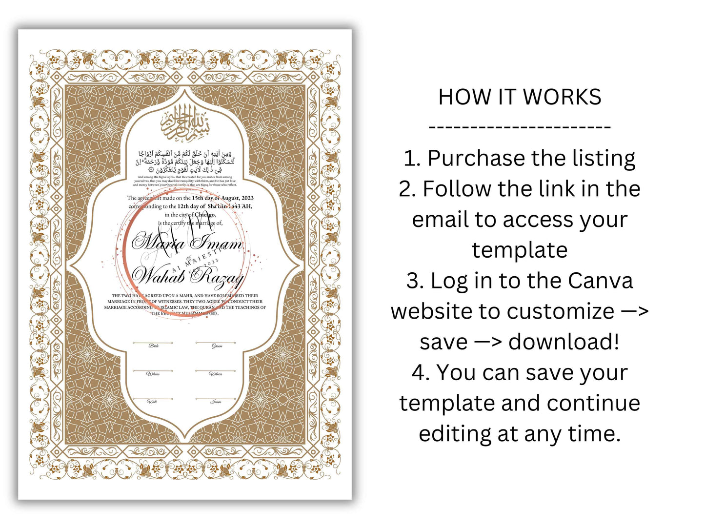 Nikkah Certificate Digital Download Personalized, Luxury Nikkah Contract, Islamic Wedding Contract, Personalized Muslim Wedding Gift. NN188