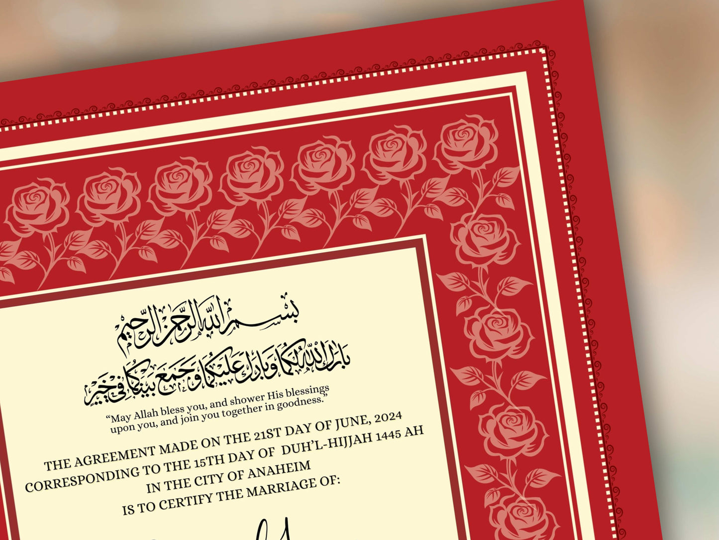 Rose Nikkah Certificate Template, Editable Nikkahnama, Printable Nikah Contract, Muslim Contract, Red Nikkah Islamic Marriage Contract.NN252