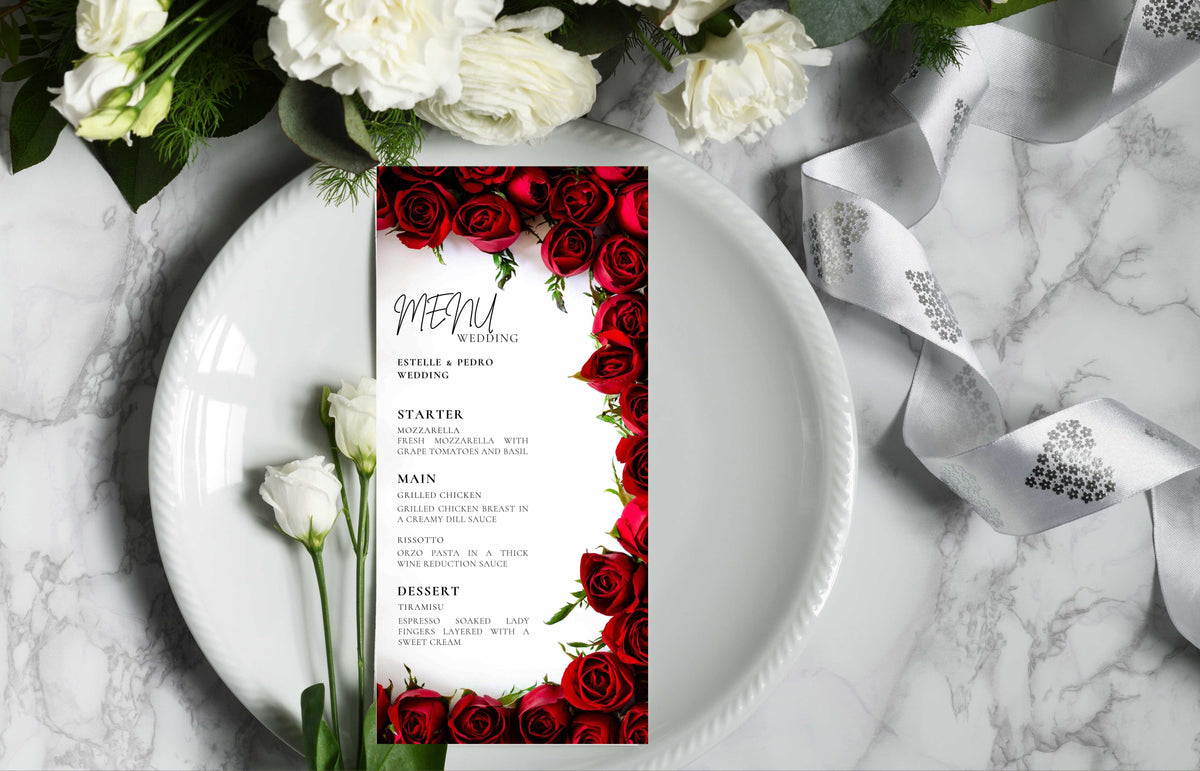 Wedding Menu Template Download, Red Rose Wedding Menu Card, Red Menu Template, Wedding Menu, Modern Dinner Menu, Instant Download, WS53