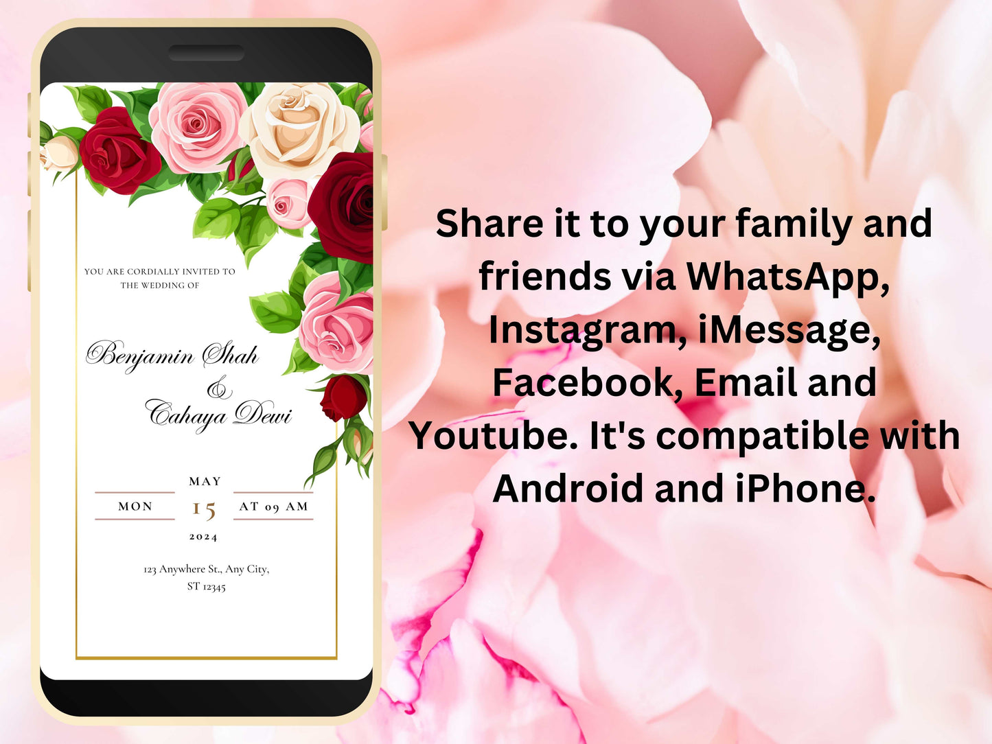 Red Rose Wedding Evite Template, Electronic Wedding Invitation, Pink Rose video Wedding Invitation, Text Message, Mobile Phone Invite. WEI39