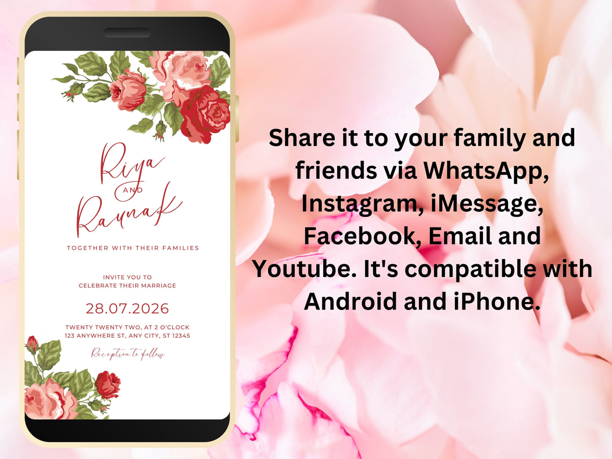 Floral Electronic Save The Date Template, Text Invitation, Minimalist Mobile Invite, Pink Floral Digital Save The Date. WEI32
