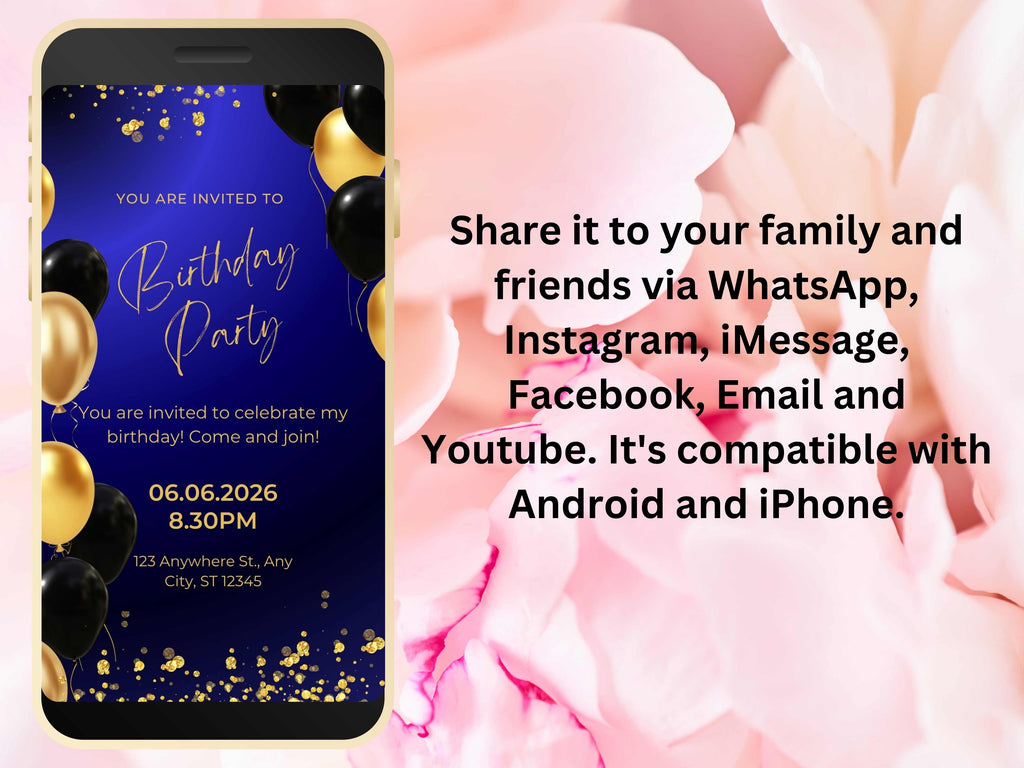 Digital Birthday Dinner Invitation Template, Blue Tie Glam Invite, Animated Blue Golden Diamond Evite , Self Editable eCard. WEIB42