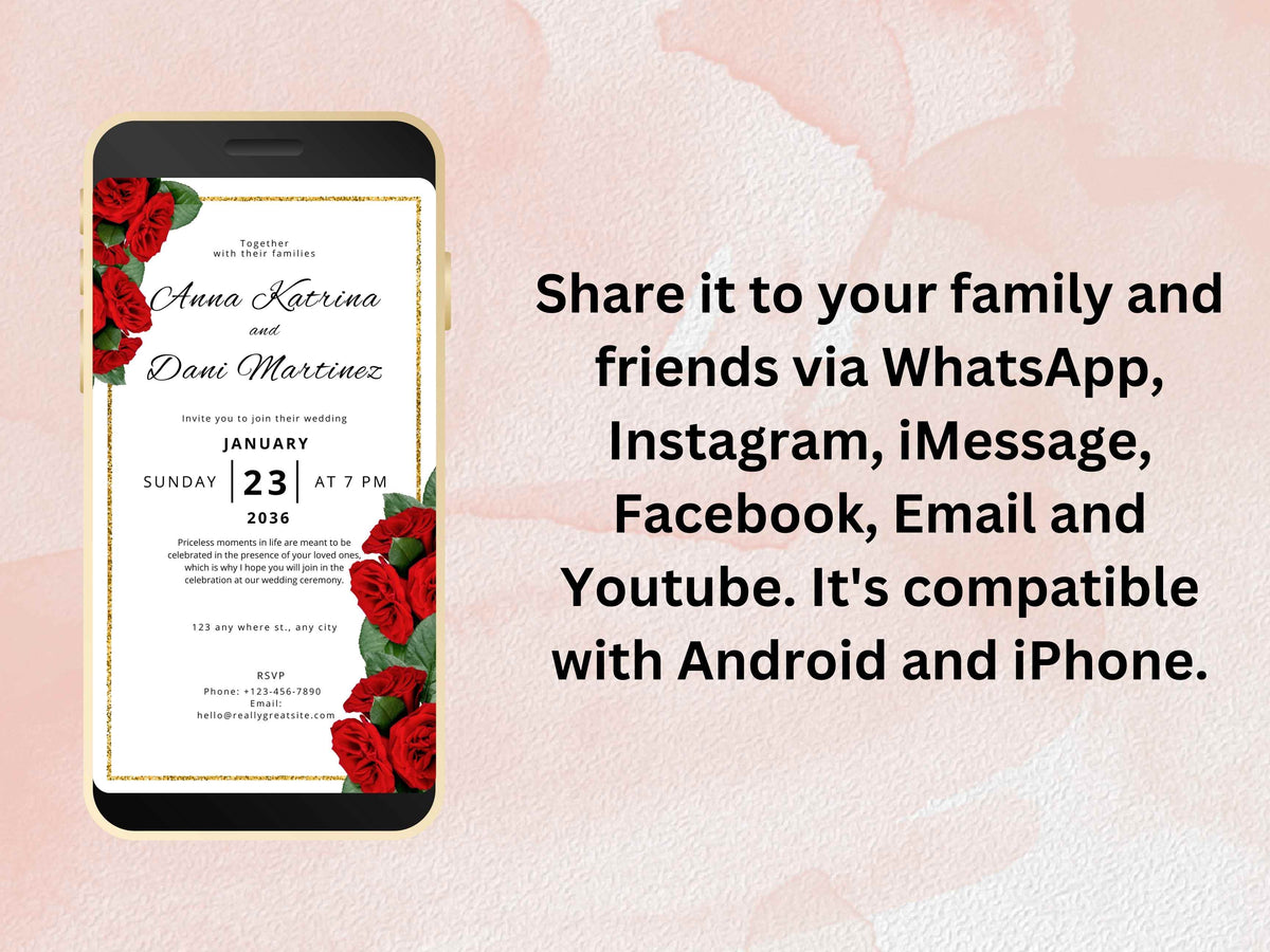 Red Rose Wedding Evite Template, Electronic Wedding Invitation, Red Rose video Wedding Invitation, Text Message, Mobile Phone Invite. WEI4