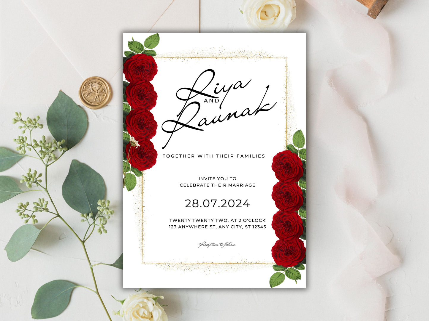 Red and White Wedding Invitation Set, Red Roses Wedding Invite, Floral Wedding, RSVP Card, Details Card, Printable Wedding Invite Suite.WT81